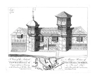 En udsigt over Antient Manor House of Fawkeshall eller Vauxhall, Surrey, 1813.