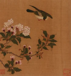 En fugl, der svæver over blomstrende grene, Qing-dynastiet, 1700-tallet.