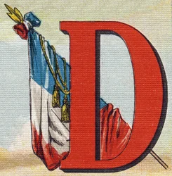 Et flag. Indgravering i "Alphabet de ma petite fille". Bernardin-Bechet og Fils, boghandler-forlag, Paris, omkring 1895. Ubrydeligt album på lærred. Bibliotheque des Bebes. 12 sider. Album indeholdende en læsemetode og et illustrativt abecedary. Dim: 2