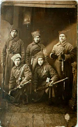 En gruppe soldater fra Den Røde Hær før afgang til fronten, Petrograd, Rusland, 1918