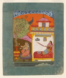 En dame, der plukker blade, illustrerer den musikalske tilstand Gunakali Ragini, c1675