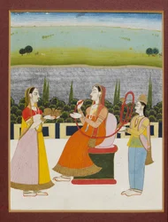 En dame siddende rygende på en terrasse, med to ledsagere, 1800-tallet 1801-1900