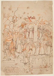Et blad fra en Baramasa-serie: Måneden Jyestha maj-juni ser Krishna på Gopis..., ca. 1760.