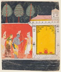 En side fra en Ramayana: En natscene af Rama, Lakshman og Sita før rishi..., ca. 1650.