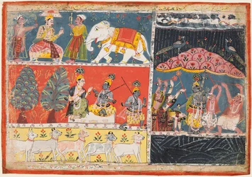 En side fra Bhagavata Purana: Indra sender en strøm af regn, Krishna løfter Govardhana-bjerget, 1686.