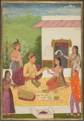 En prins, der taler med en kvinde, mens han tager forfriskninger på en terrasse, ca. 1710-1720.