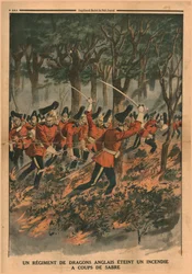 Et regiment af engelske dragoner slukker en brand med sabelslag, 1914.