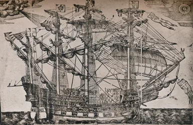 Et træsnit af et skib, der menes at være The Ark Royal, c1587