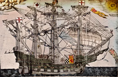 Et træsnit af et skib, der menes at være The Ark Royal, c1587