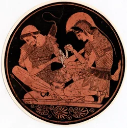 Achilleus forbinder Patroklos sår, ca. 1900