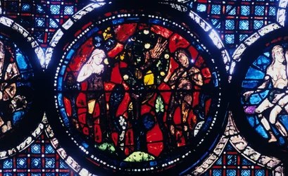 Adam og Eva Menneskets Fald, farvet glas, Chartres Cathedral, Frankrig, 1194-1260