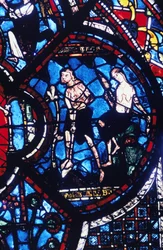 Adam og Eva, farvet glas, Chartres Cathedral, Frankrig, 1205-1215