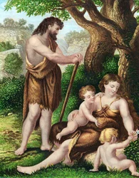 Adam og Eva med deres sønner, Kain og Abel, hvilende i vildmarken, ca. 1860