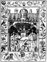Alkymistisk laboratorium, der viser forskellige former for ovne og beholdere, 1652