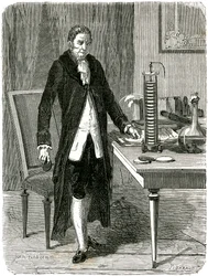 Alessandro Volta, italiensk fysiker, demonstrerer sit elektriske batteri, c1800 c1870