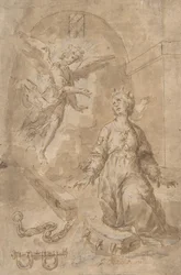 En engel, der viser sig for den hellige Katarina af Alexandria i fængslet recto, Volute verso, 17. årh.