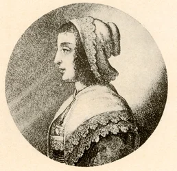 En engelsk kvinde i coif og tørklæde trimmet med Vandyke blonder, 1640, 1937.