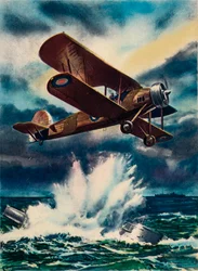 Et kunstnerindtryk af en Fairey Swordfish, der sænker en U-båd i Nordsøen, 1940