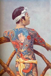 En omhyggeligt tatoveret japansk mand, 1902