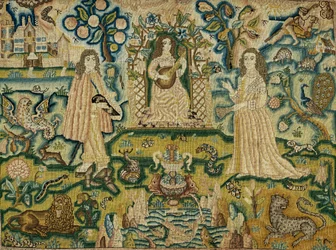 Et broderet panel med en kvinde, der spiller guitar, 1600-tallet