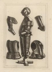 Gammel rustning til John de Courcy, Earl of Ulster 1, og pauldron, garde-messing, avant-messing eller vambrace af Duke of Monmouth 2