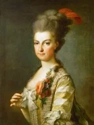 Ærkehertuginde Maria Christina 1742-1798, hertuginde af Teschen, i en stribet silkekjole, ca 1766-1770