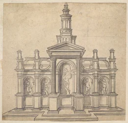 Arkitektonisk formet tabernakel med en helgen og fire putti, ca. 1530-49.