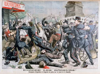 Bevæbnede kriminelle kæmper med politiet, Place de la Bastille, Paris, 1904