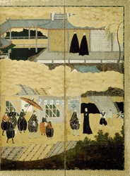 Ankomst af et portugisisk skib. Nanban skærm. Detalje: Japanske kristne, ca. 1600