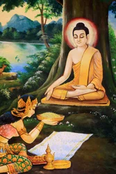 Den asketiske Buddha fik om morgenen for sin oplysning tilbudt en skål mælkeris af Nandabala. Maleri, der skildrer Shakyamuni Buddhas livshistorie. Wat Ong Teu Mahawihan. Den Tunge Buddhas Tempel. Vientiane. Laos, 20151028, Vientiane, Laos