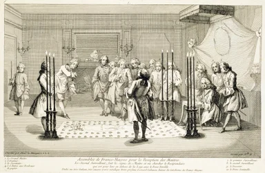 Forsamling af frimurere før indvielsen af en mester, ca. 1733