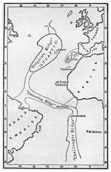 Atlantis: et kort, der viser placeringen af det mytiske kontinent, c1882 1956