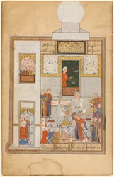 Bahram besøger den hvide kuppelpavillon recto, en del af Khamsa of Nizami, Haft Paykar..., ca. 1560-15