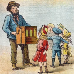 Barbary orgel. Indgravering i "Alphabet de ma petite fille". Bernardin-Bechet og Fils, boghandler-forlag, Paris, omkring 1895. Ubrydeligt album på lærred. Bibliotheque des Bebes. 12 sider. Album indeholdende en læsemetode og et illustrativt abecedarium.