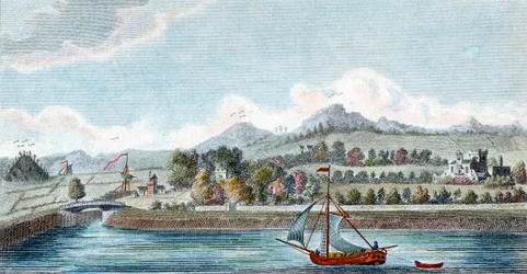 Bassin for Caledonian Ship Canal ved Muirtown nær Inverness, Skotland, 1822