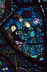 Baudoin plejer den døende Roland, farvet glas, Chartres Cathedral, Frankrig, 1194-1260