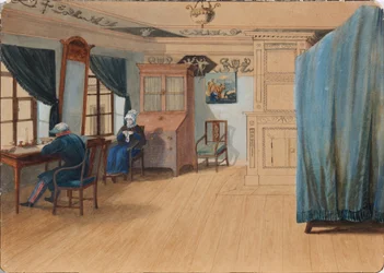 Soveværelse interiør. Grev Yegor Frantsevich Kankrin 1774-1845 ved sit skrivebord, 1820