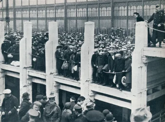 Belgiske flygtninge på havnen i Oostende venter på en båd, der tager dem til England, 1914.