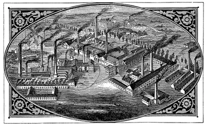 Fugleperspektiv af Krupps værker, Essen, Tyskland, 1876