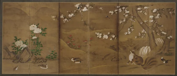 Fugle, årstidernes blomster og civetkatte, Muromachi- eller Momoyama-perioden, 1500-tallet.