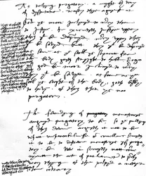 Biskop Latimers argumenter mod den katolske doktrin om skærsilden med marginalnoter lavet af kong Henrik VIII, ca. 1538 (pen og blæk på papir)