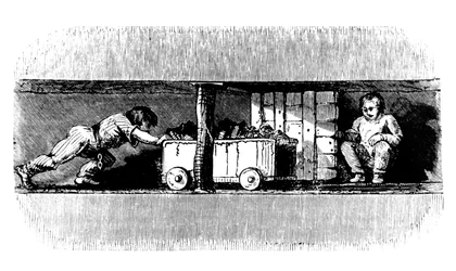 Dreng skubber en lastbil fyldt med kul fra kulfladen til bunden af grubeskaftet, c1848