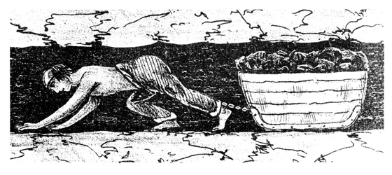 Boy putter trækker en slæde kul langs en smal søm, South Wales, 1848
