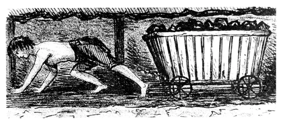 Boyputter tegner en lastbil med kul langs en 24 tommer høj søm, Halifax, Yorkshire, 1848