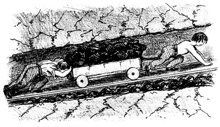 Drengeputtere flytter kul i en smal søm, Lancashire, England, 1848