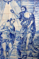 Brasilien, Bahia, Salvador: Azulejo i Bonfim kirke: Jesu dåb