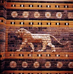Murstensrelief af en løve på væggene af den hellige vej, der fører til Ishtar-porten, Babylon, c580 f.Kr.