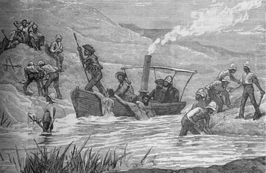 Britiske soldater skærer en dæmning bygget af Arabi ved Mahuta, c1882.