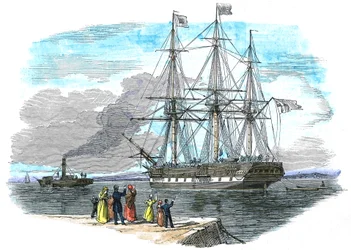 Britisk emigrantskib bliver bugseret ud af havnen, inden det sætter sejl mod Sydney, Australien