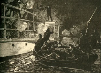 Britiske styrker erobrede det canadiske oprørsskib Caroline på Niagara-floden, 1837 c1890.